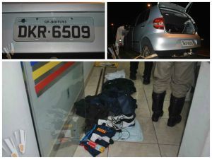 Os policiais localizaram no interior do veículo duas alavancas e diversas roupas